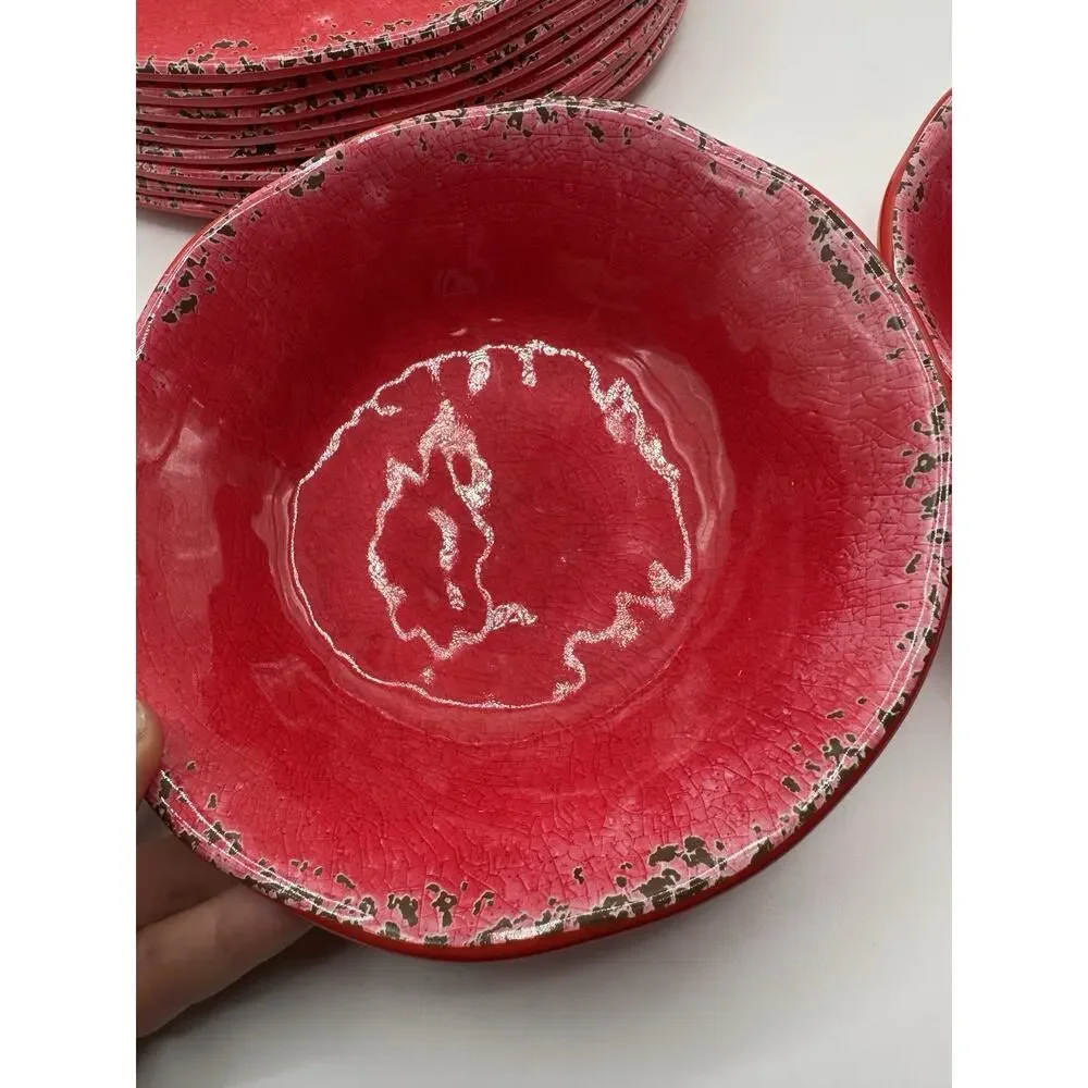 Pier 1 Carmelo Red Melamine Dinnerware Set 10 Pc 11” Plates 7” Bowls Rare